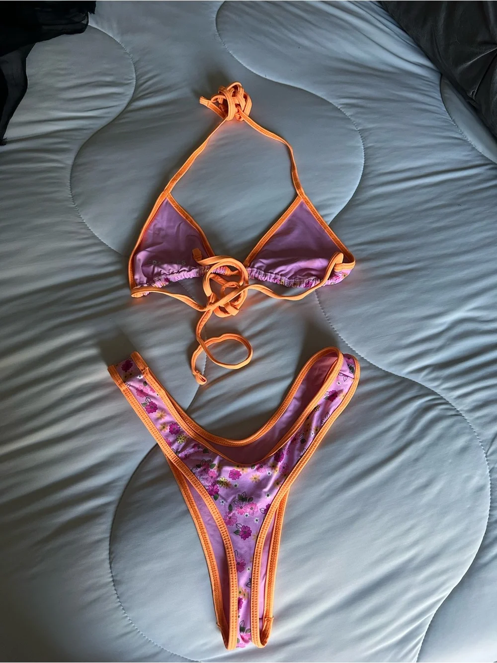 Frankie's Bikinis Pink Triangle Bikini with Orange Trim